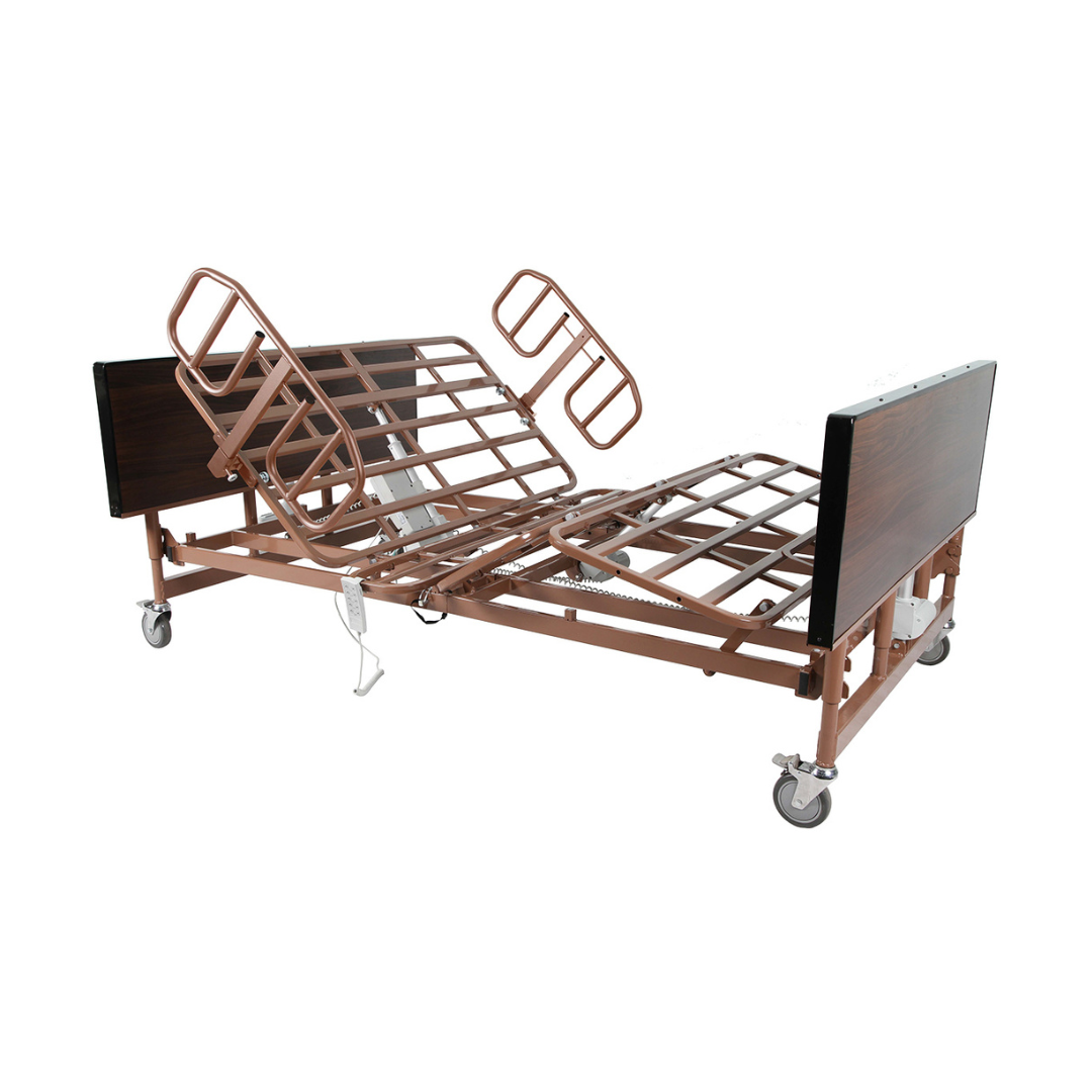The Proactive Protekt Akra Bariatric™ Wide Bed features an ultra-lightweight adjustable metal frame, side rails, wheels, and dark brown head/foot panels. Head and knee sections elevate for enhanced bariatric care.
